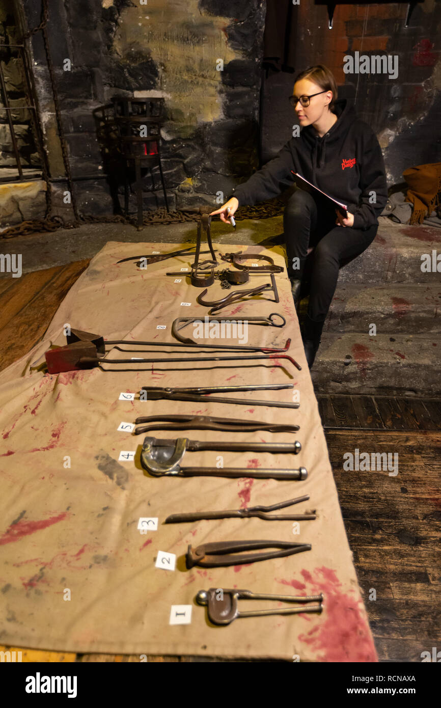 Hamburg, Germany. 16th Jan, 2019. Reproductions of torture instruments lie in the torture chamber of the Hamburg Dungeon. During the inventory, unusual props and scenery are examined and material consumption recorded. Credit: Ulrich Perrey/dpa/Alamy Live News Stock Photo