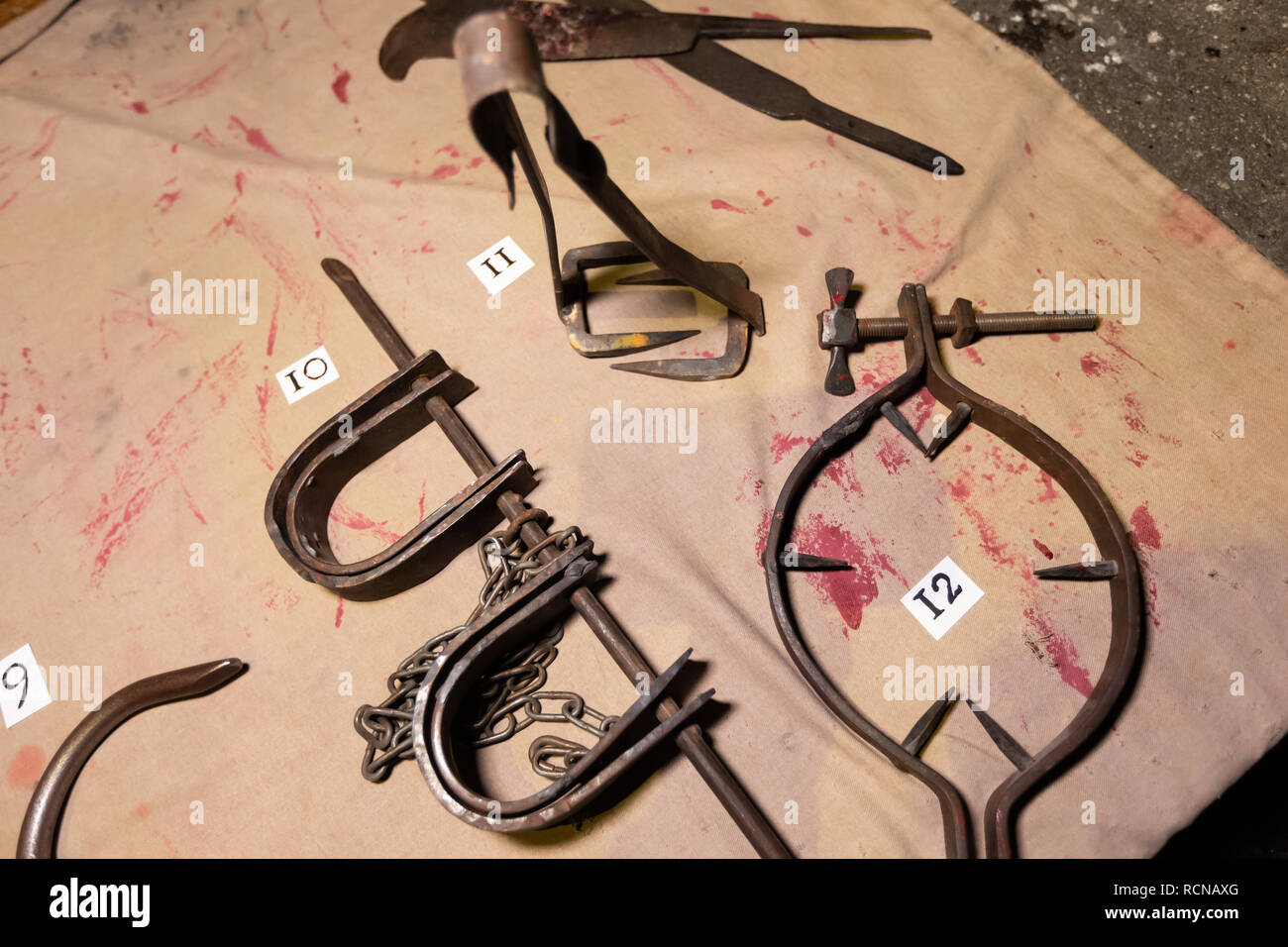 Hamburg, Germany. 16th Jan, 2019. Reproductions of torture instruments lie in the torture chamber of the Hamburg Dungeon. During the inventory, unusual props and scenery are examined and material consumption recorded. Credit: Ulrich Perrey/dpa/Alamy Live News Stock Photo