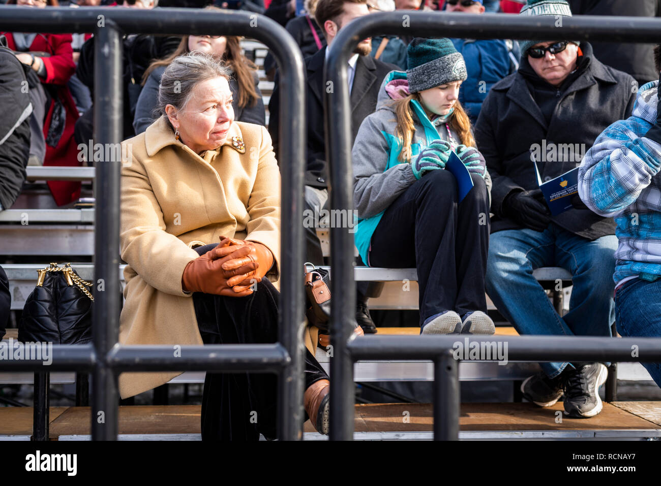 Harrisburg, USA. 15th January, 2019. Patricia Beshaore Swisher of Fayette County sits waiting for Governor Tom Wolf. Her sister attended North Eastern High School with the governor. Chris Baker Evens / Alamy Live News. Stock Photo