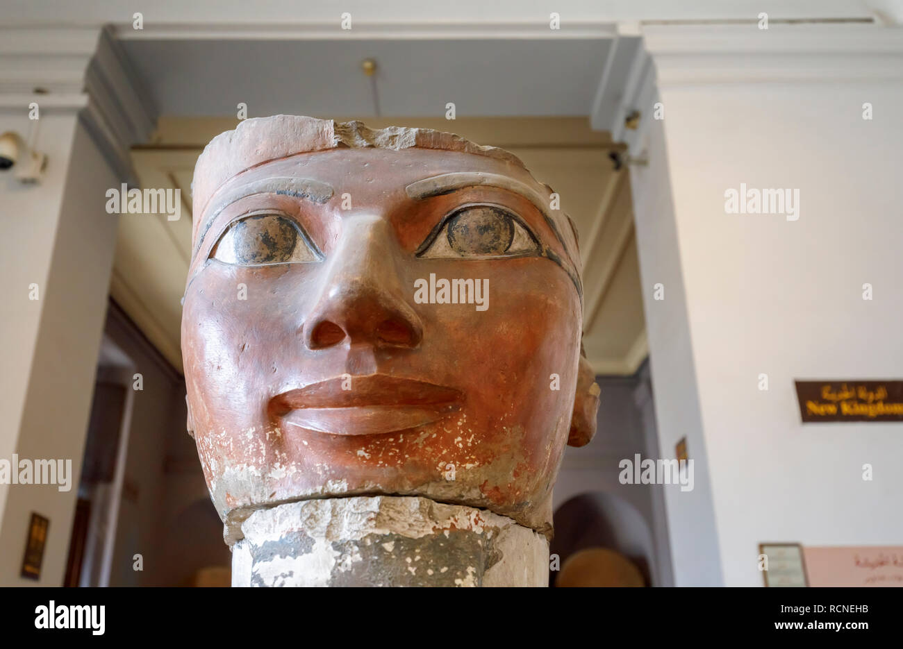 Painted limestone head of 18th Dynasty Pharaoh Queen Hatshepsut, an exhibit in the Museum of Egyptian Antiquities (Cairo Museum), Cairo, Egypt Stock Photo