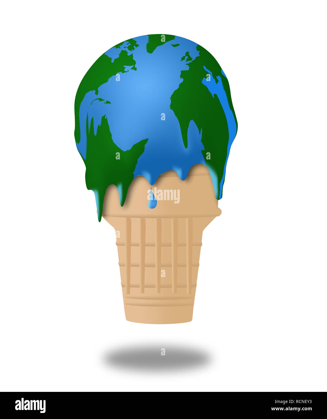 Global warming is illustrated with a melting ice cream cone and the ice cream appears to also be a globe map of earth. This is an illustration. Stock Photo