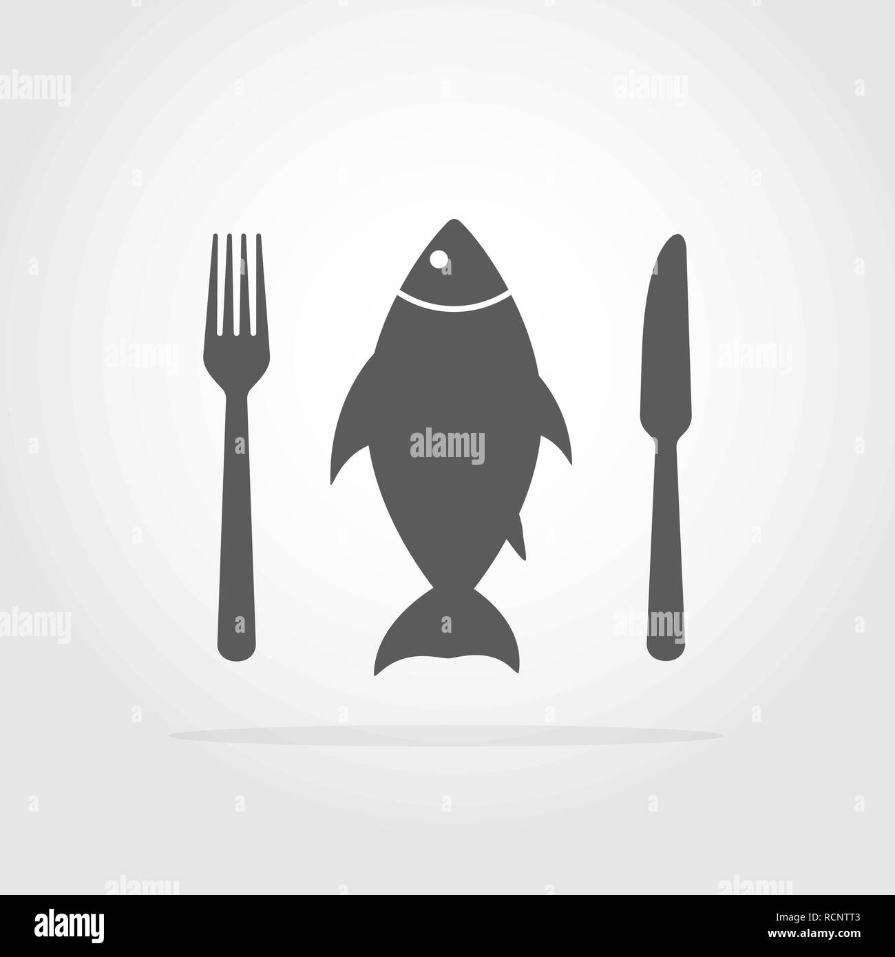 Fish, fork and knife in flat design. Vector illustration. Gray restaurant symbol. Stock Vector