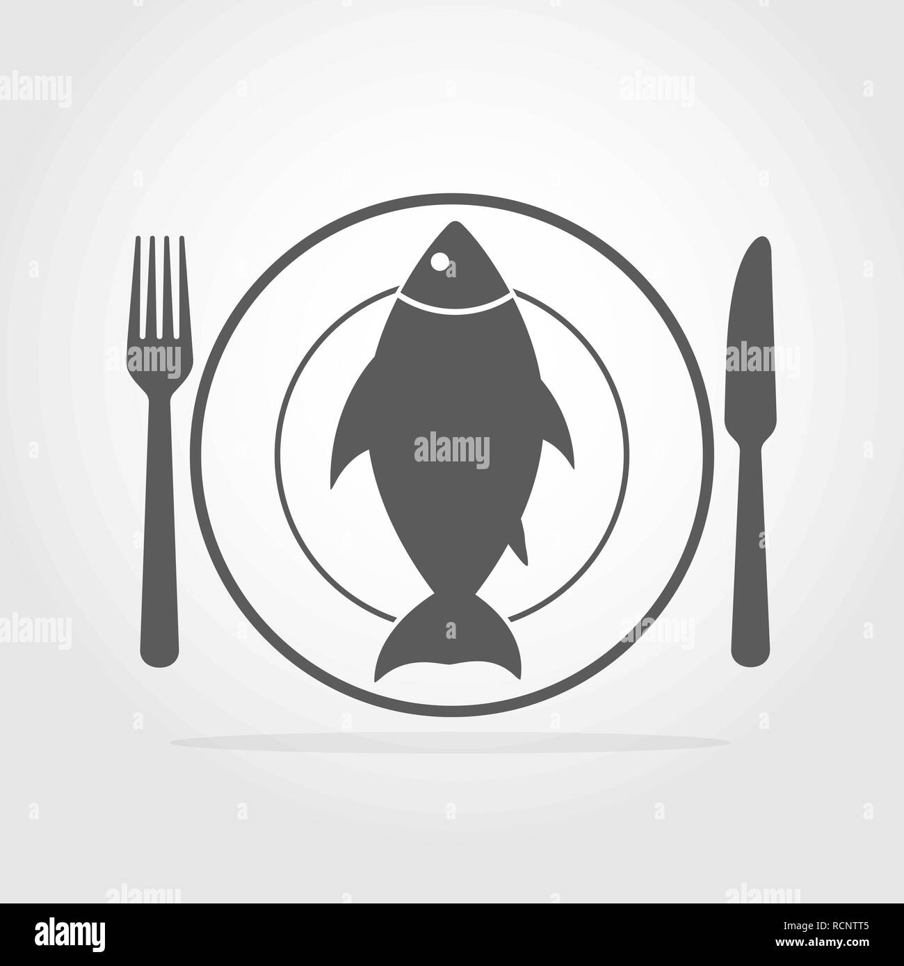 Fish, plate, fork and knife in flat design. Vector illustration. Gray restaurant symbol. Stock Vector
