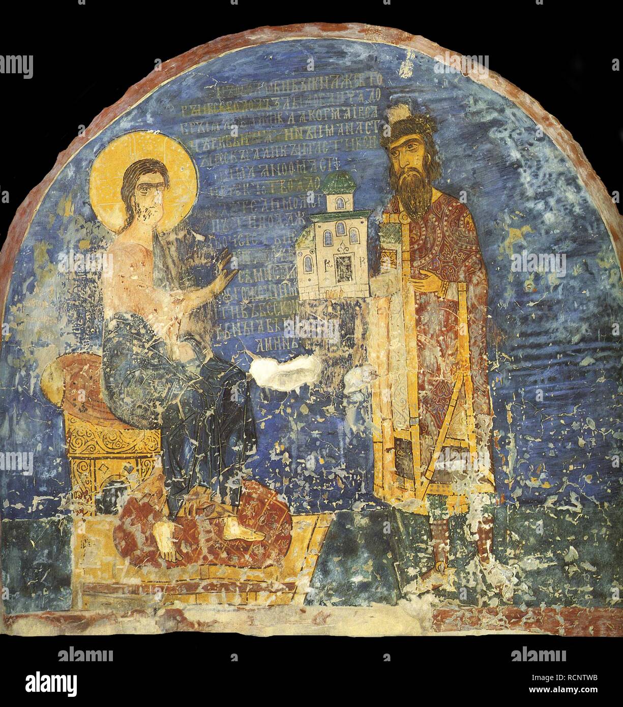 Grand Prince Yaroslav II Vsevolodovich with model of the Nereditsa Church before Christ. Author: Ancient Russian frescos. Stock Photo