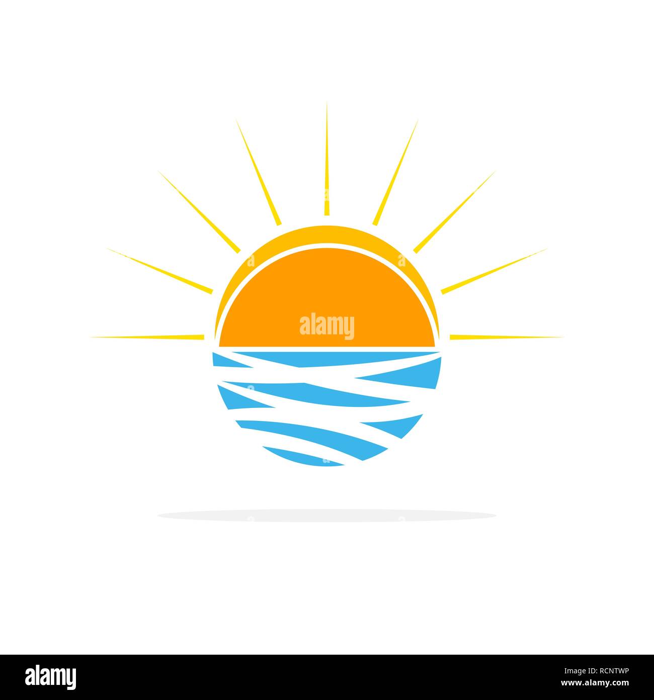 Sun on the waves logo in flat design. Vector illustration. Travel concept, isolated on white background Stock Vector