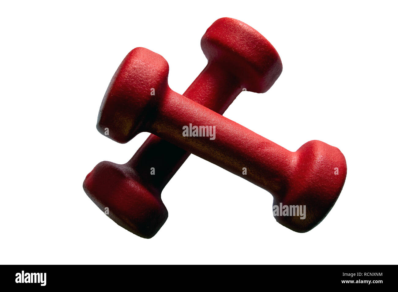 Two red dumbbells on a white background. Sport concept Stock Photo