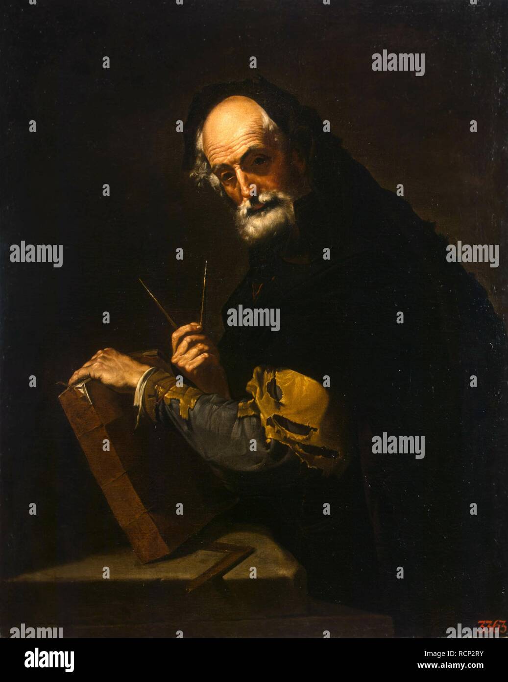 Philosopher with a book, a compass and goniometer. Museum: State Hermitage, St. Petersburg. Author: Ribera, José, de. Stock Photo