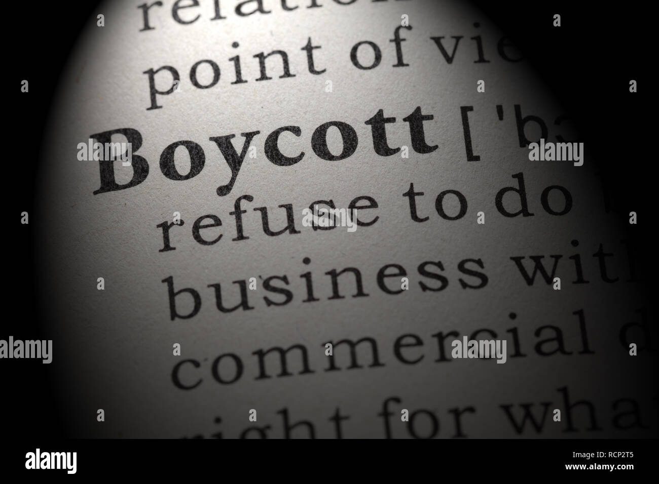 Fake Dictionary, Dictionary definition of the word boycott. including key descriptive words. Stock Photo