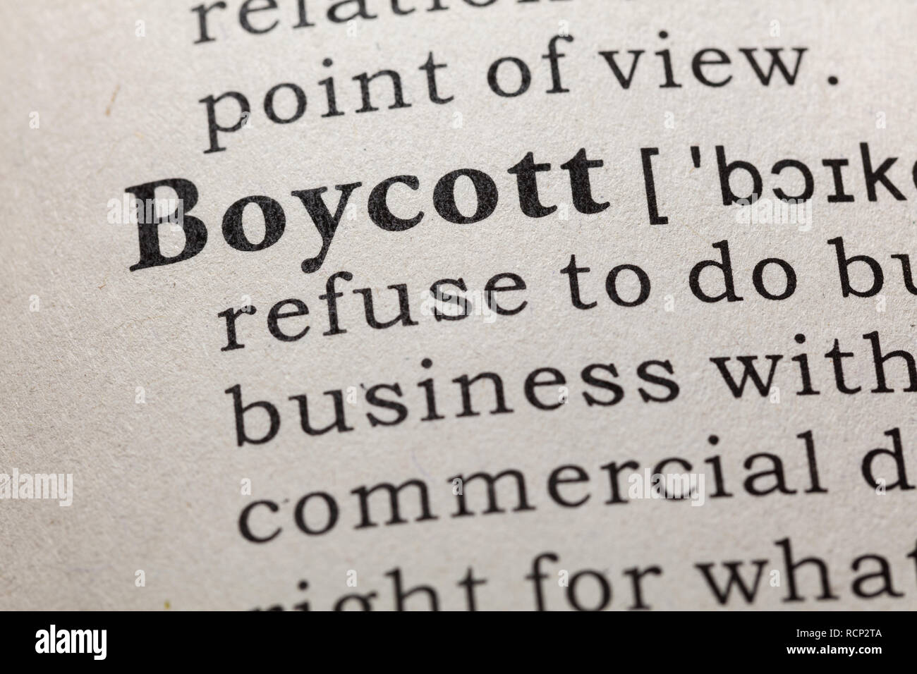 Fake Dictionary, Dictionary definition of the word boycott. including key descriptive words. Stock Photo