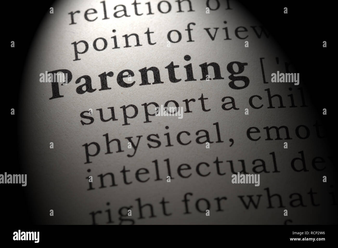 Fake Dictionary, Dictionary definition of the word Parenting. including key descriptive words. Stock Photo