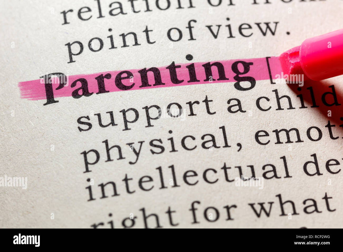 Fake Dictionary, Dictionary definition of the word Parenting. including key descriptive words. Stock Photo
