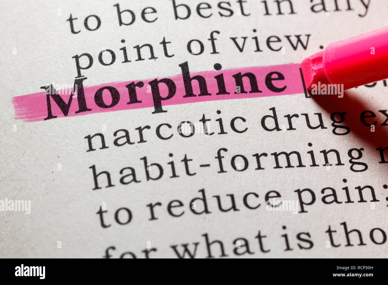 Fake Dictionary, Dictionary definition of the word morphine. including key descriptive words. Stock Photo