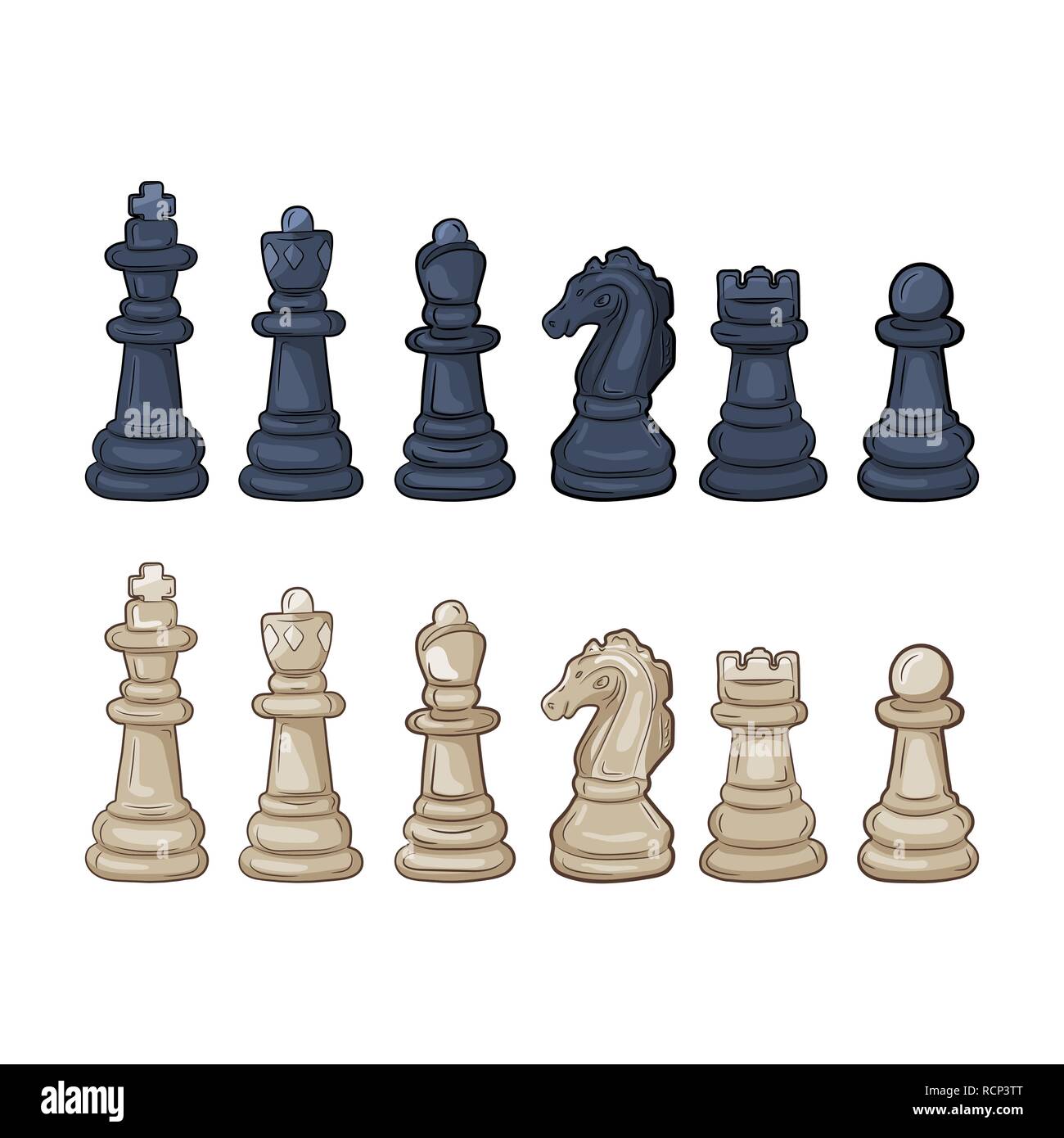 Set of chess figures in flat design. Vector illustration. White and black chess pieces, isolated on white background Stock Vector