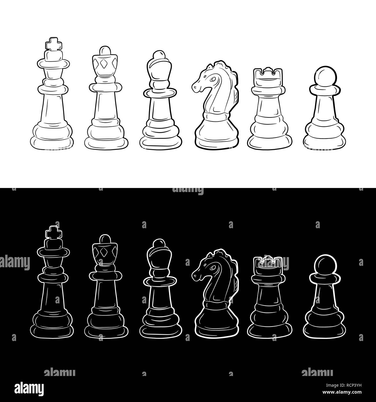 Set of chess figures in flat design. Vector illustration. White and black chess pieces, isolated Stock Vector