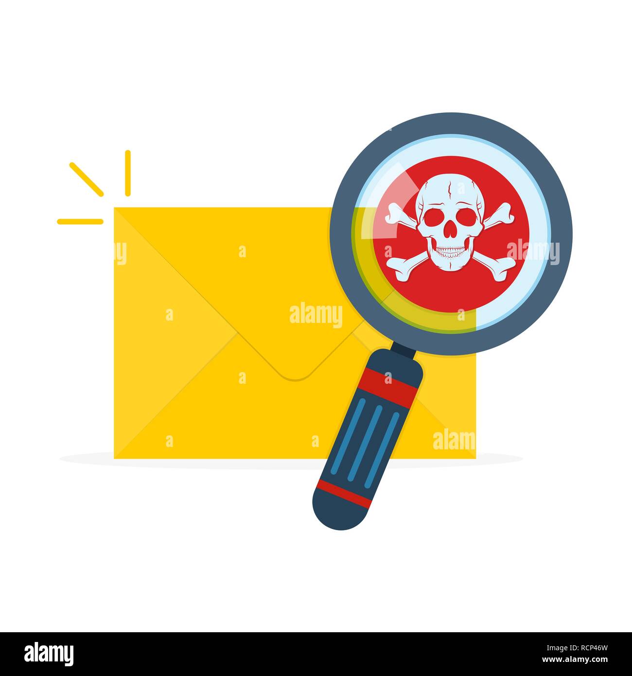 Mail spam icon with magnifier in flat design. Vector illustration. A envelope with a warning about spam. Stock Vector