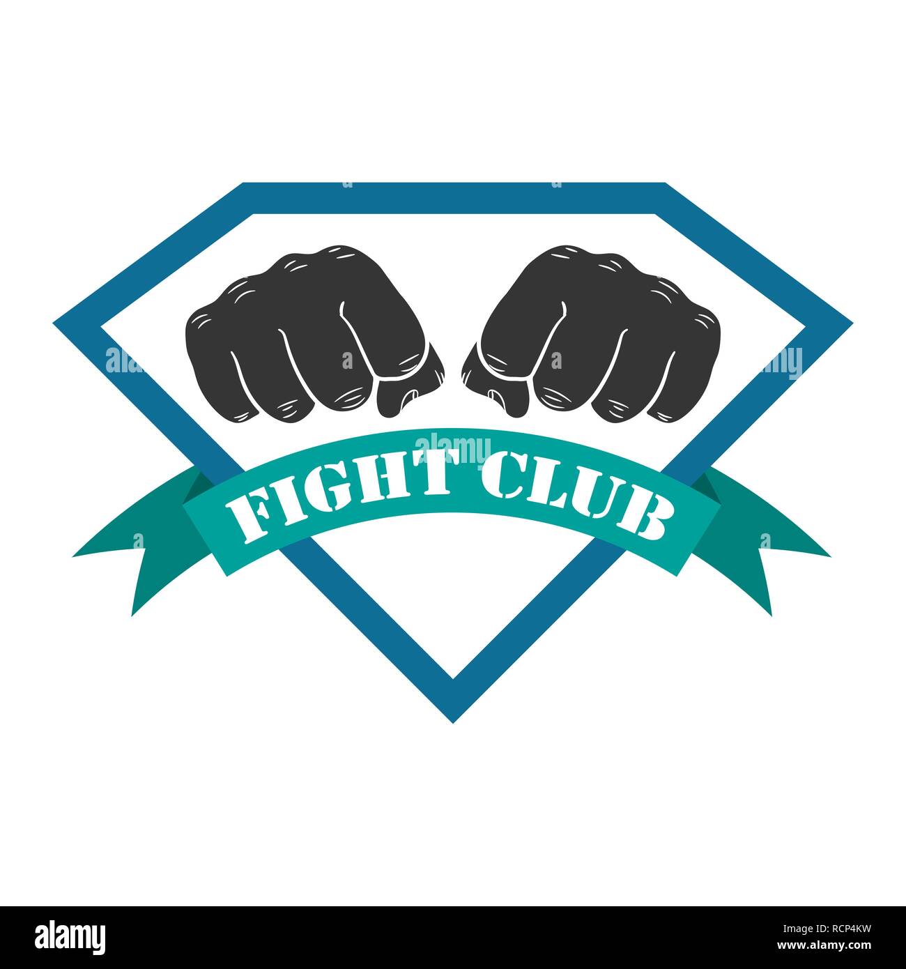 Fight club emblem with two fists and ribbon in flat design. Vector