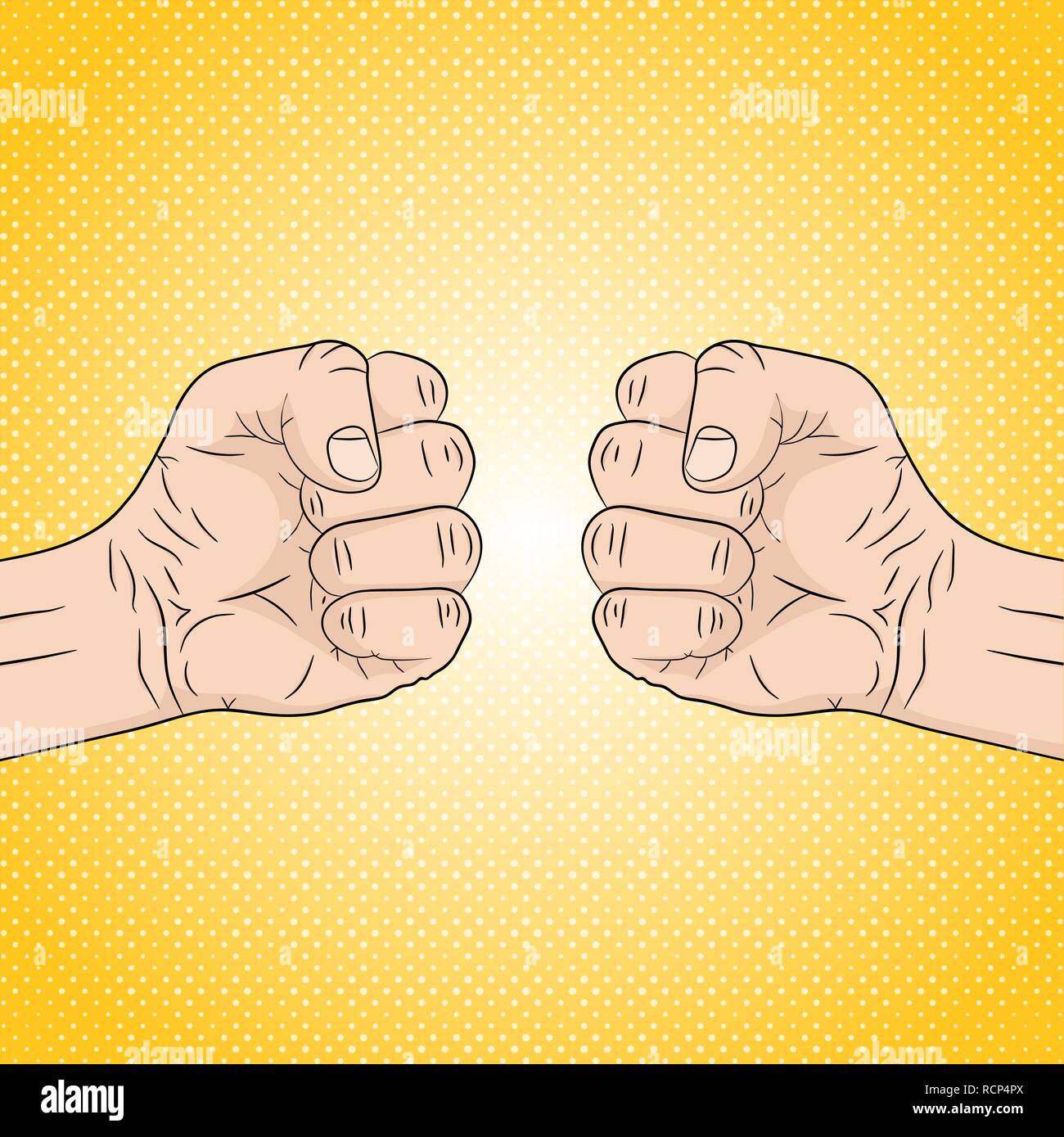Two clenched fists in conflict. Vector illustration. Concept of aggression and violence, on pop art background Stock Vector