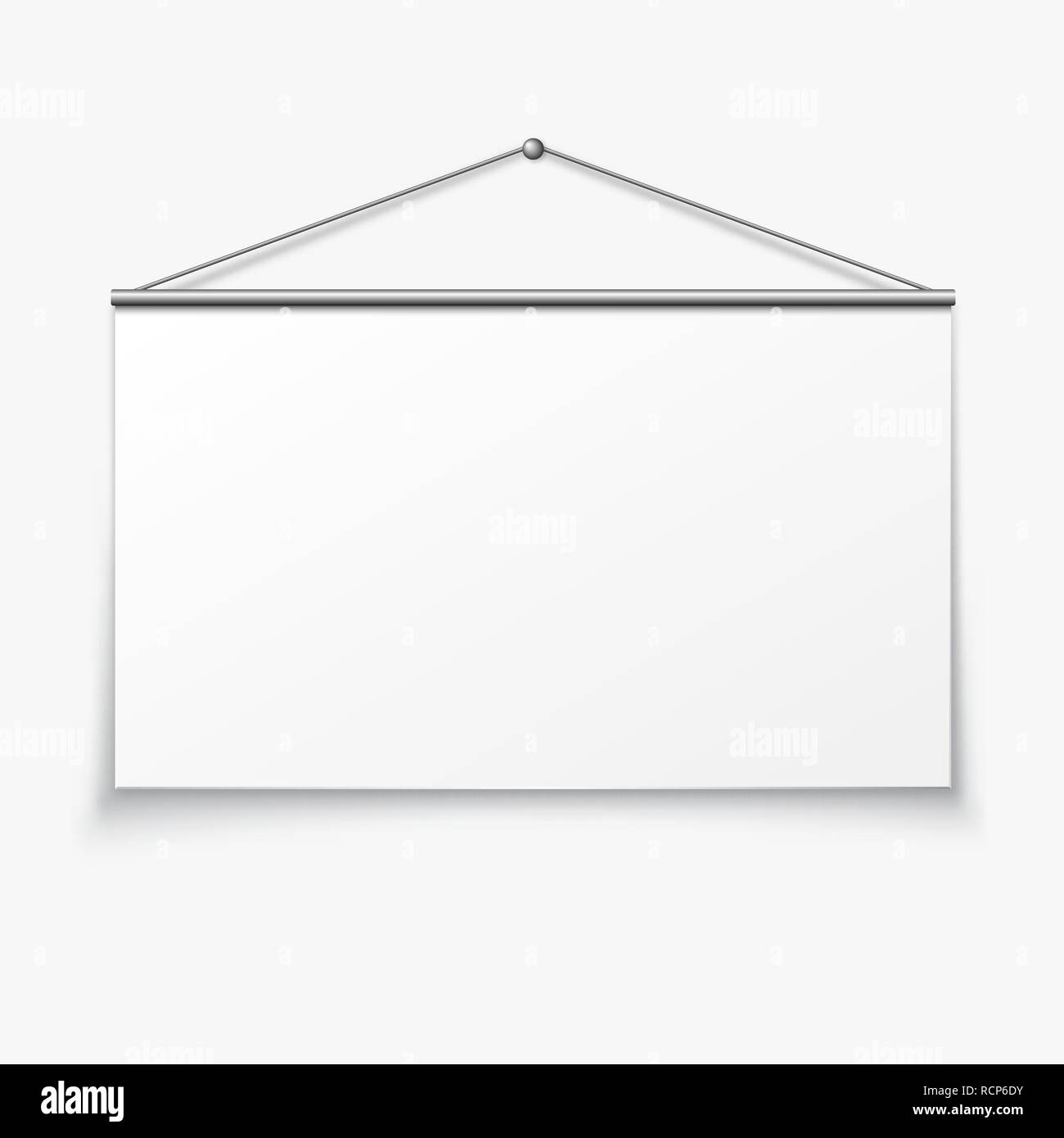 Hanging empty billboard or banner. Vector illustration. Blank board hanging on the white wall. Stock Vector