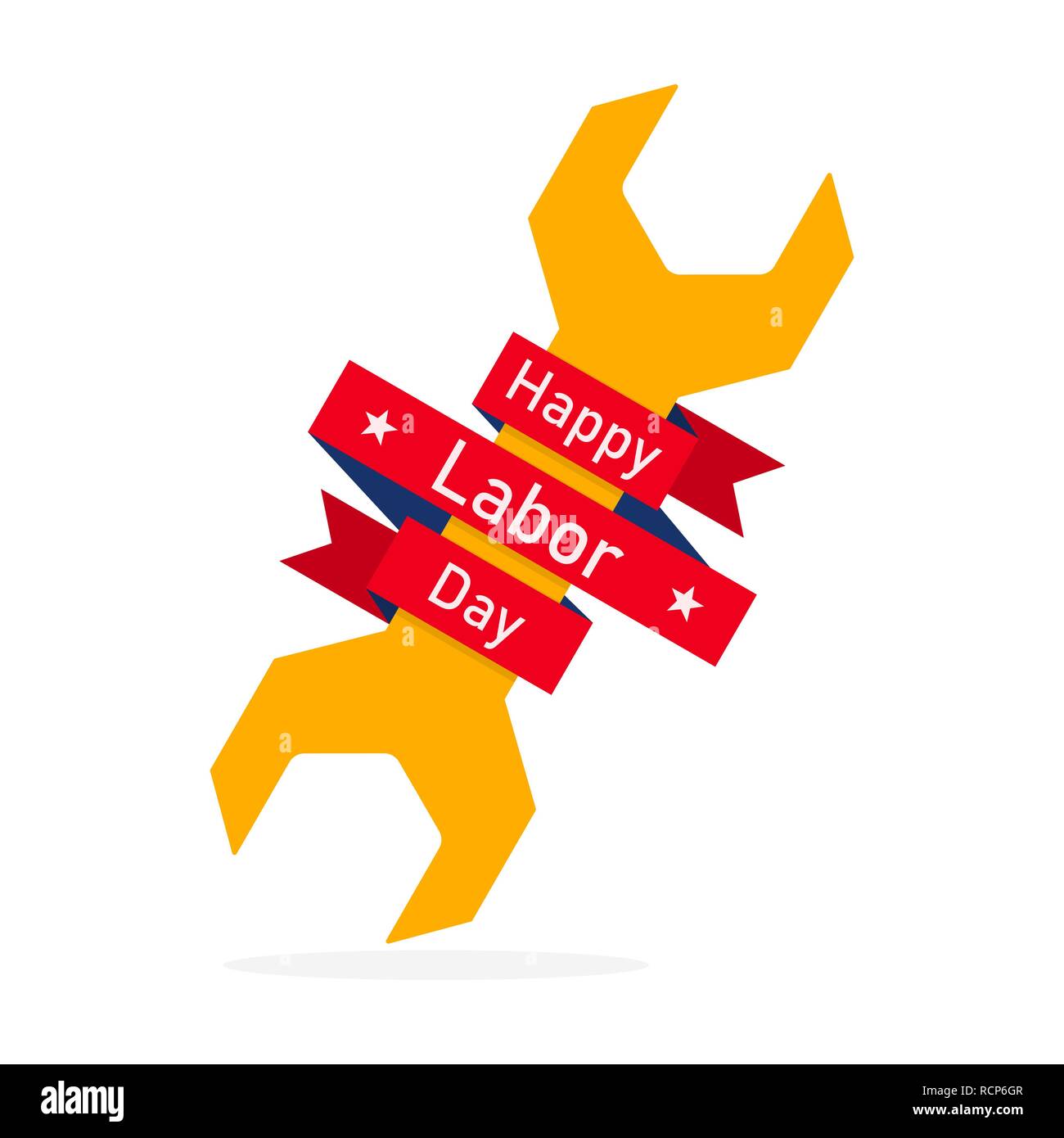 Happy Labor Day, background with a wrench and red ribbon. Vector illustration. Labor Day, banner or label in flat design. Stock Vector