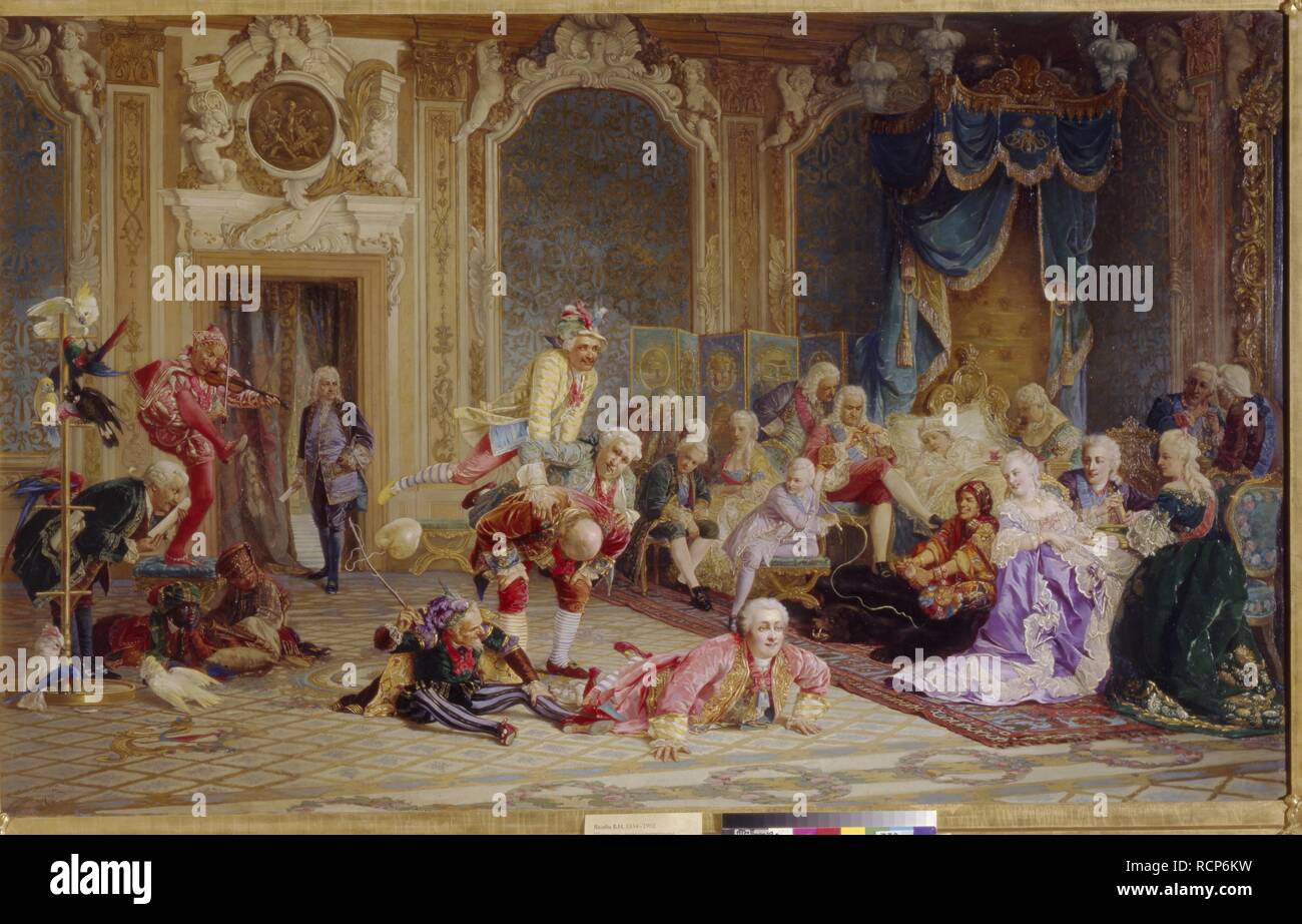 Jesters at the Court of Empress Anna Ioannovna. Museum: State Tretyakov Gallery, Moscow. Author: Jacobi, Valery Ivanovich. Stock Photo