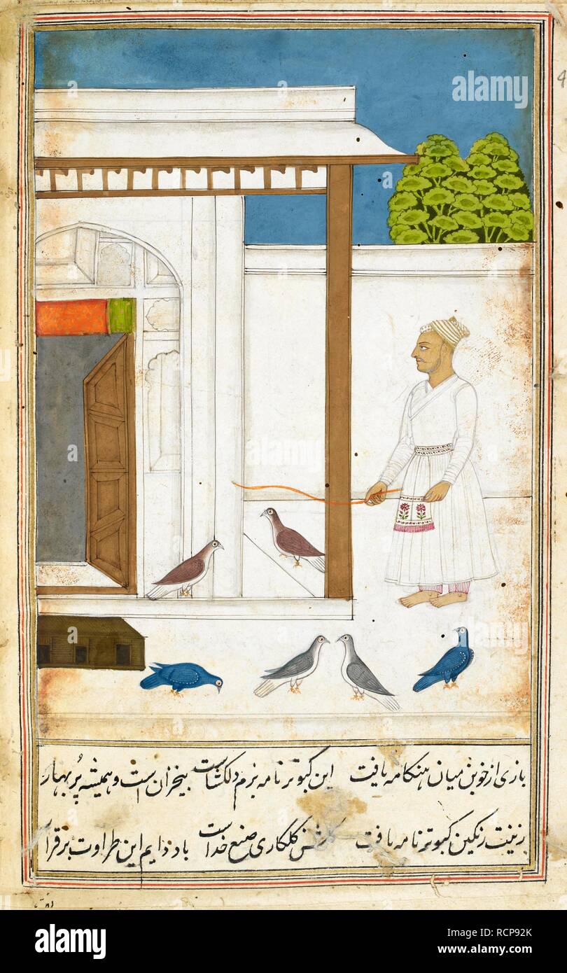 A man with a stick standing near pigeons in a courtyard . Kabutar-nama. India, 1788. Source: I.O. ISLAMIC 4811, f.9v. Language: Persian. Stock Photo