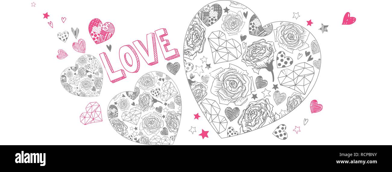 Valentines day doodles illustrations full vector banner Stock Vector