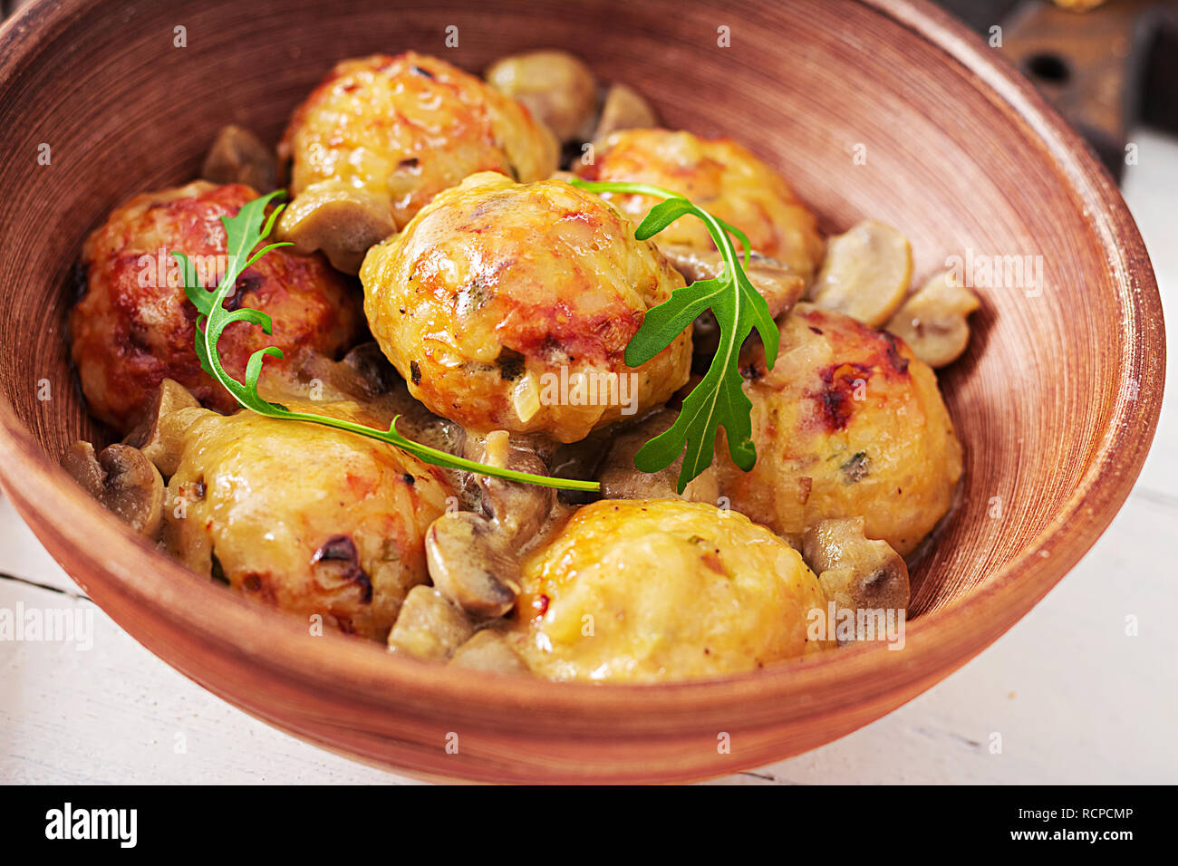 Delicious homemade meatballs with mushroom cream sauce. Swedish cuisine