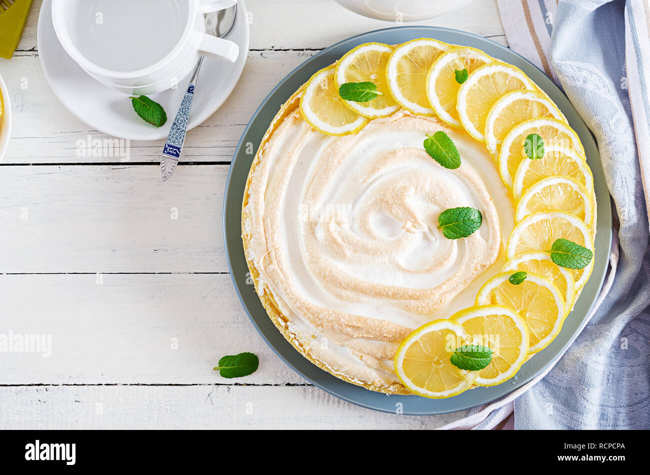 Tart with lemon curd  and meringue. Lemon  pie. American cuisine. Dessert. Top view Stock Photo