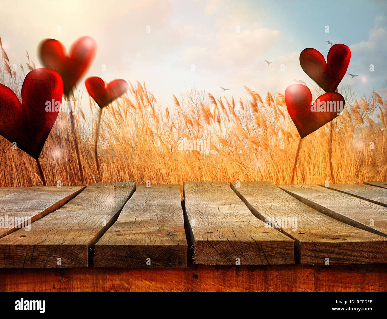 Valentines day. Valentines background with table and bokeh. Love red background. Valentines day empty display Stock Photo