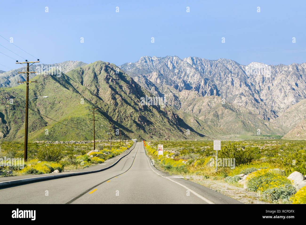 Road leading to the Palm Springs Aerial Tramway, Mount San Jacinto, California Stock Photo