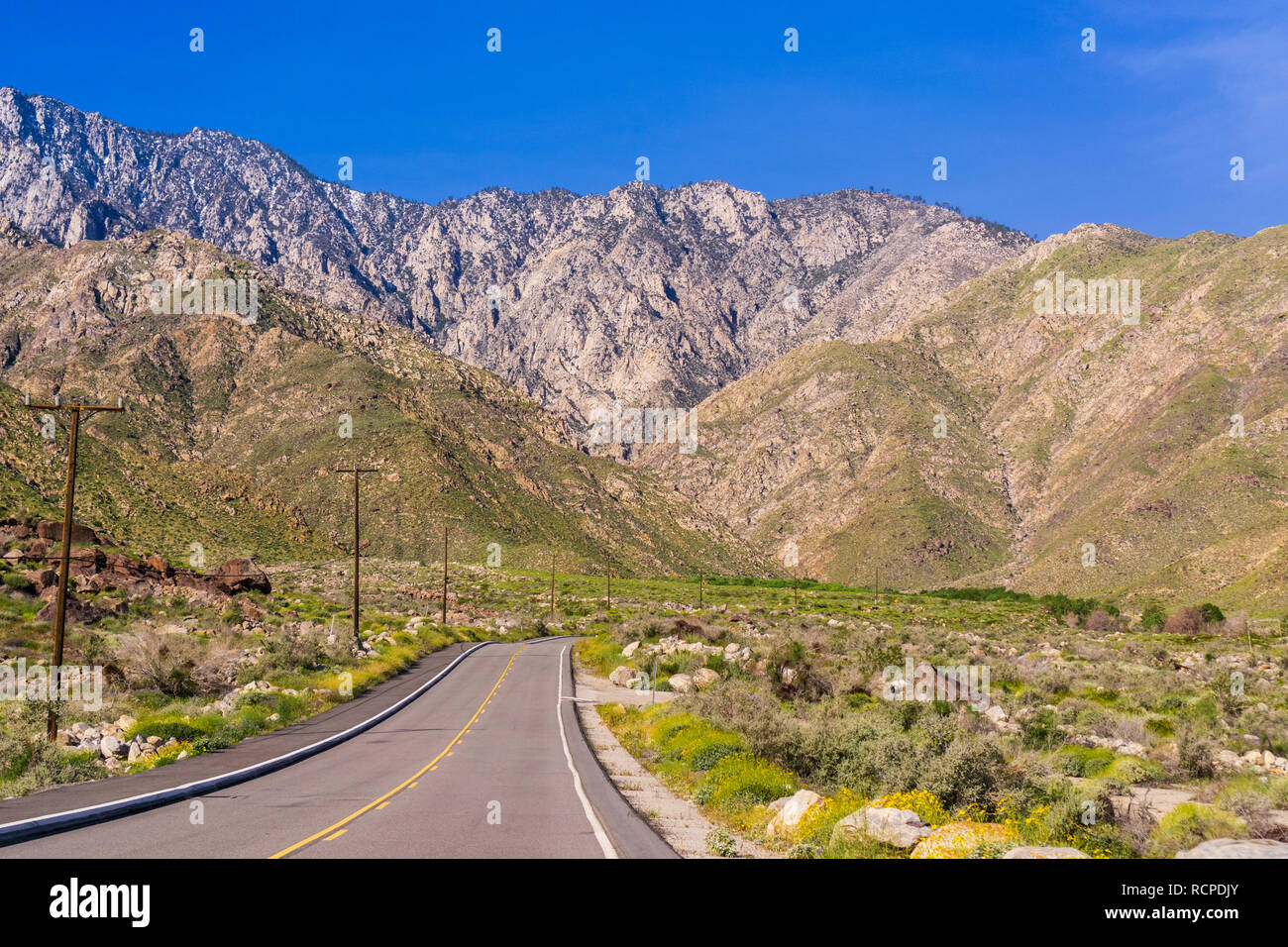 Road leading to the Palm Springs Aerial Tramway, Mount San Jacinto, California Stock Photo