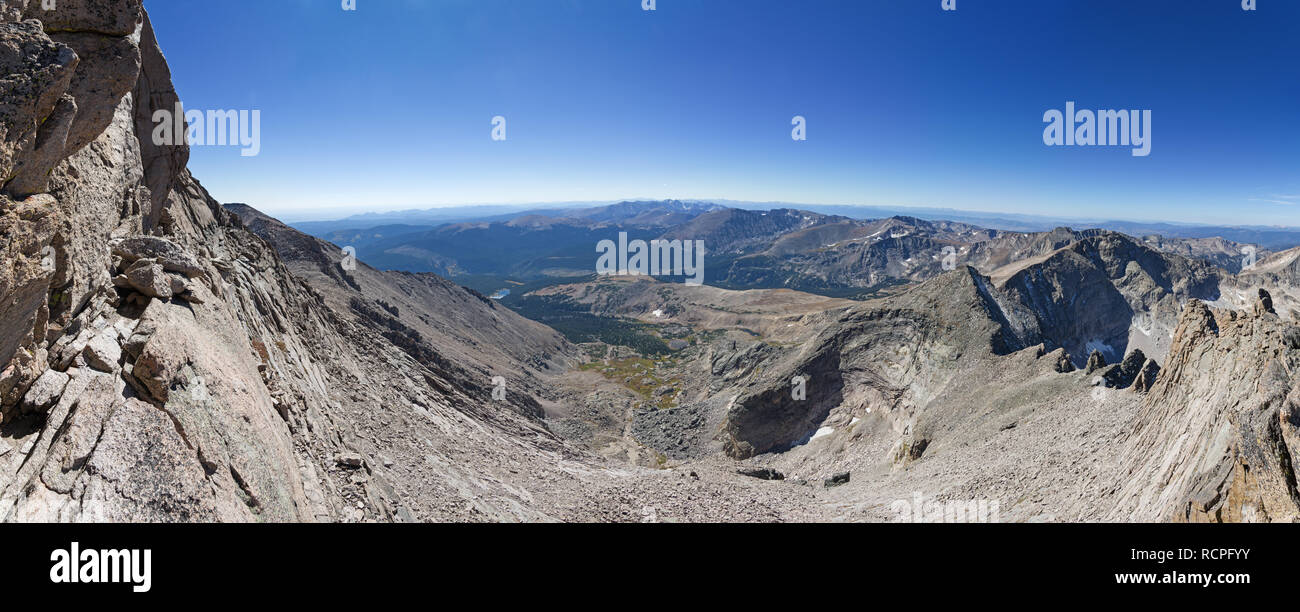 panorama from the narrows on the keyhole route up Longs Peak in Rocky Mountain National Park Stock Photo