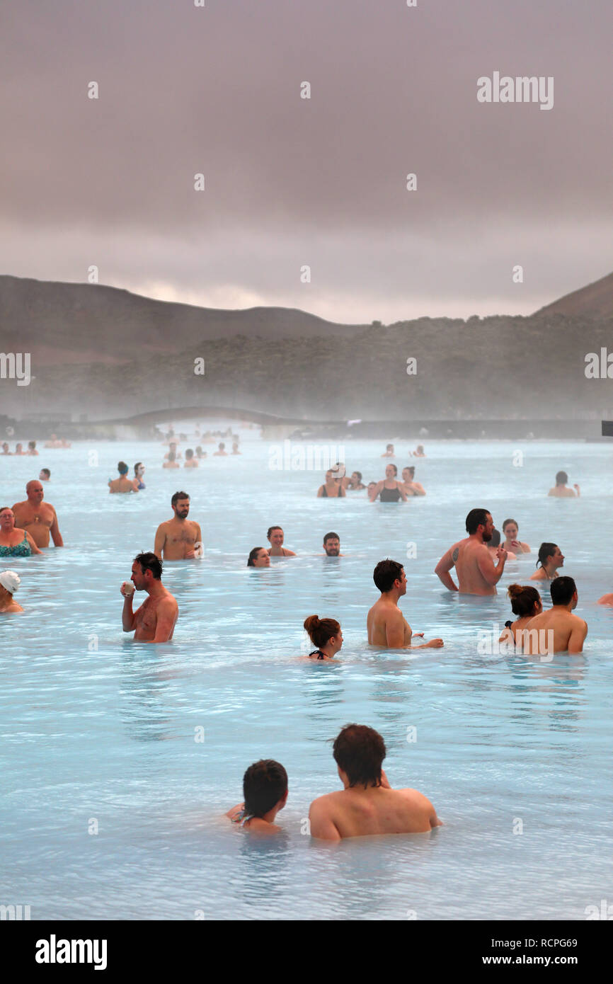 People bathing in the Blue Lagoon geothermal spa, Grindavik, Iceland Stock Photo