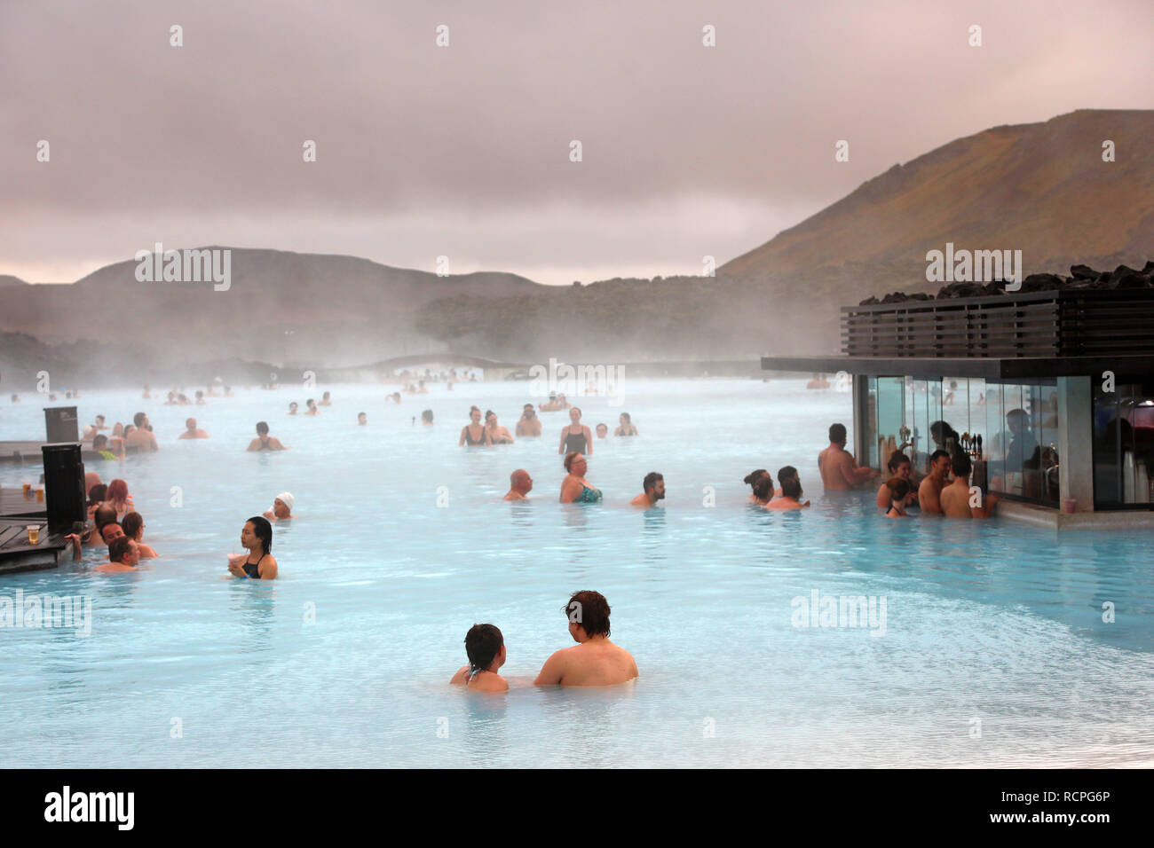 People bathing in the Blue Lagoon geothermal spa, Grindavik, Iceland Stock Photo