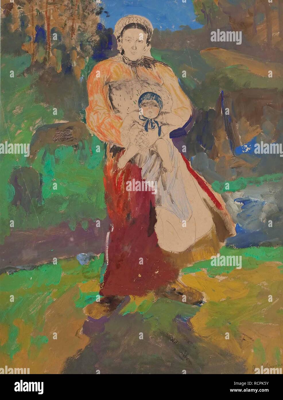 Mother and Child in Landscape. Museum: PRIVATE COLLECTION. Author: Malyavin, Filipp Andreyevich. Stock Photo