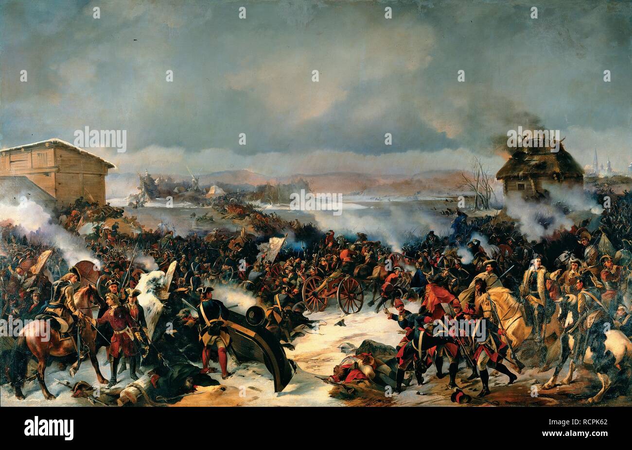 The Battle of Narva on 19 November 1700. Museum: State Central Artillery Museum, St. Petersburg. Author: KOTZEBUE, ALEXANDER VON. Stock Photo