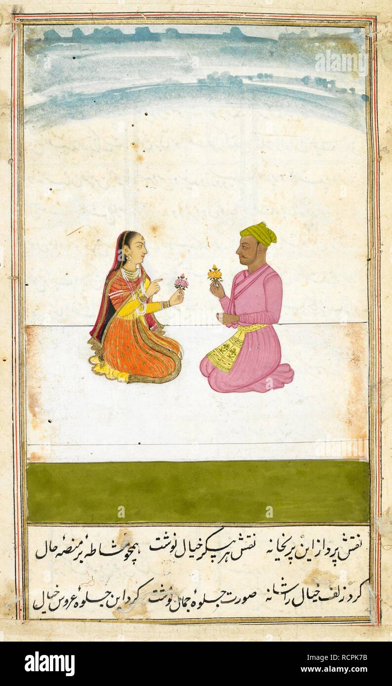A man and a woman, both holding flowers, kneeling facing one another. Kabutar-nama. India, 1788. Source: I.O. ISLAMIC 4811, f.10. Language: Persian. Stock Photo