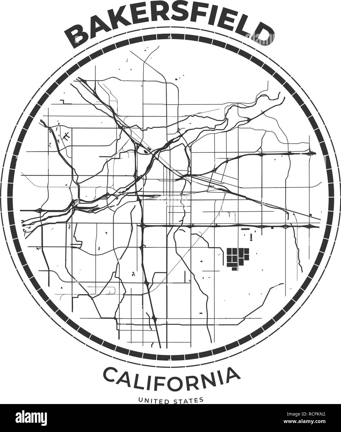 Tshirt map badge of Bakersfield, California. Tee shirt print