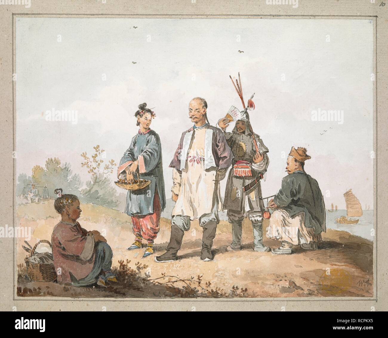 Group of figures on a river bank. A soldier sheltering from the sun with a fan stands behind two women carrying baskets and two men, with sailing ships and river in the background. Signed with initials at bottom right. Pasted on mount with washlines.   . A collection of eighty views, maps, portraits and drawings illustrative of the Embassy sent to China under George, Earl of Macartney, in 1793; drawn chiefly by William Alexander, some by Sir John Barrow, Bart., some by Sir Henry Woodbine Parish, and one by William Gomm. Many of them are engraved in Sir George Staunton's Narrative of the Embass Stock Photo