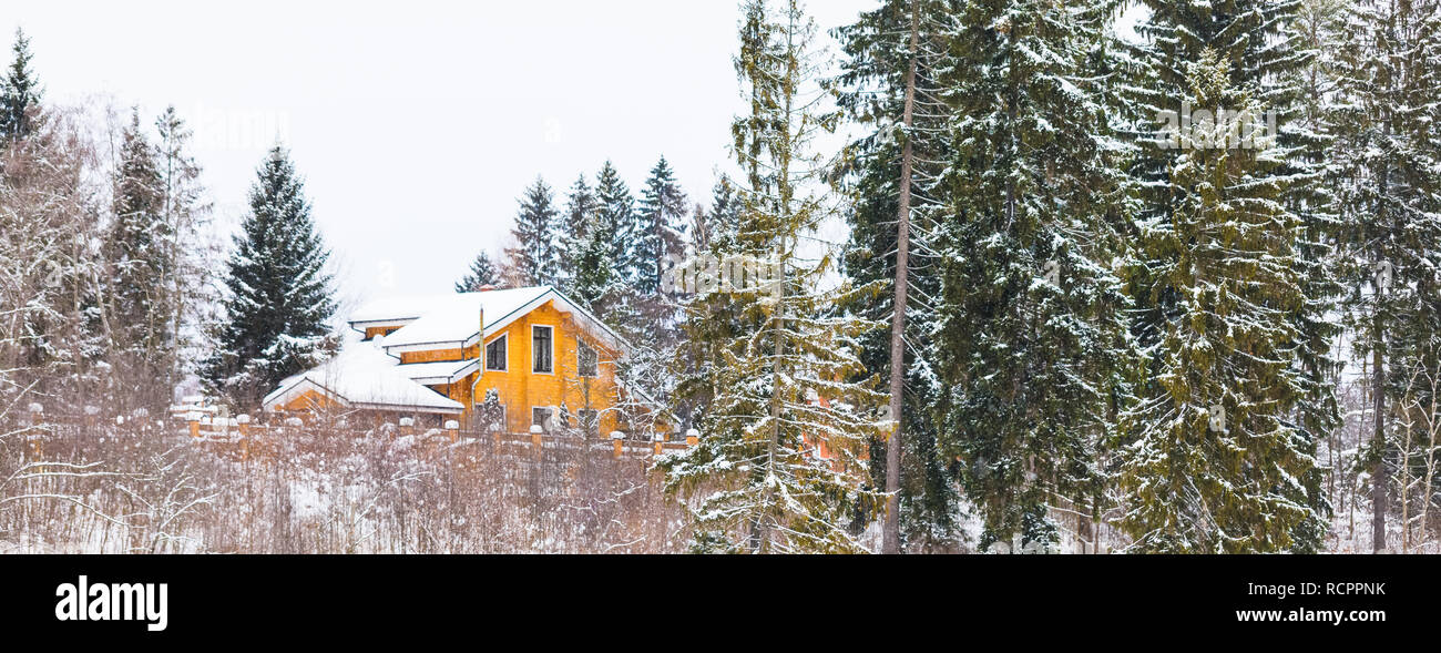 Wooden ochre cottage in a winter forest landscape, snowing time
