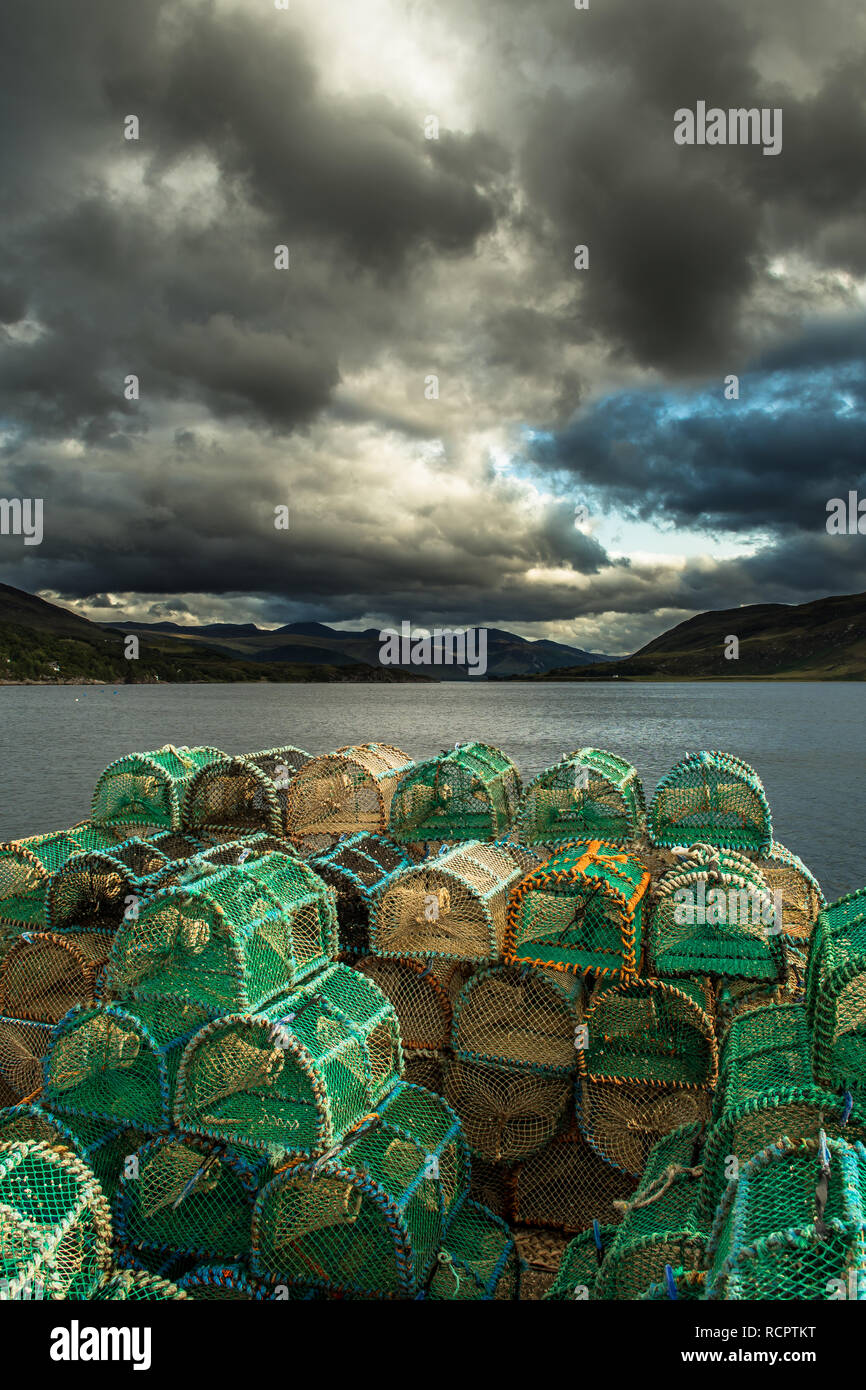 Lobster Pods In The Harbor Of Ullapool At Loch Broom In Scotland Stock