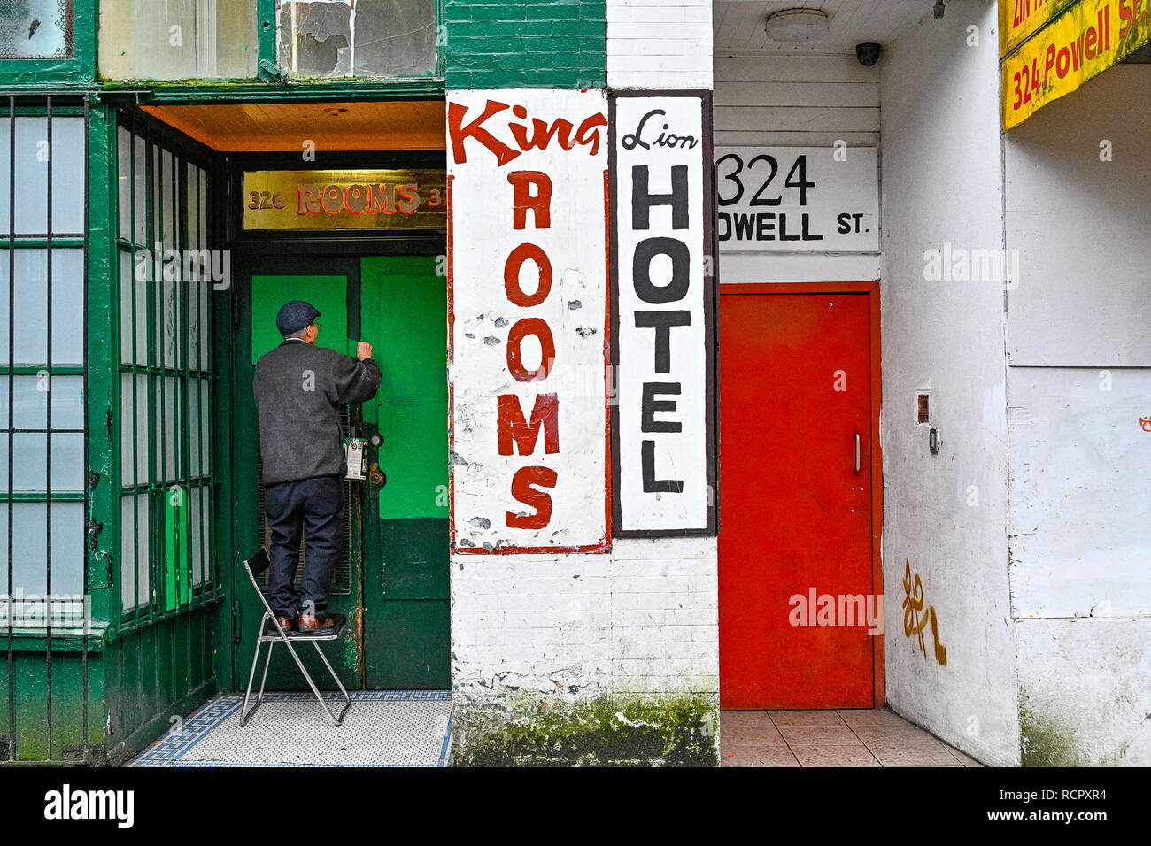 King Rooms and Lion Hotel,  Powell Street, Downtown Eastside, Vancouver, British Columbia, Canada Stock Photo