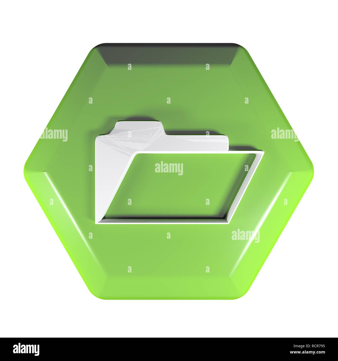 Green hexagonal push button with open folder icon - 3D rendering ...