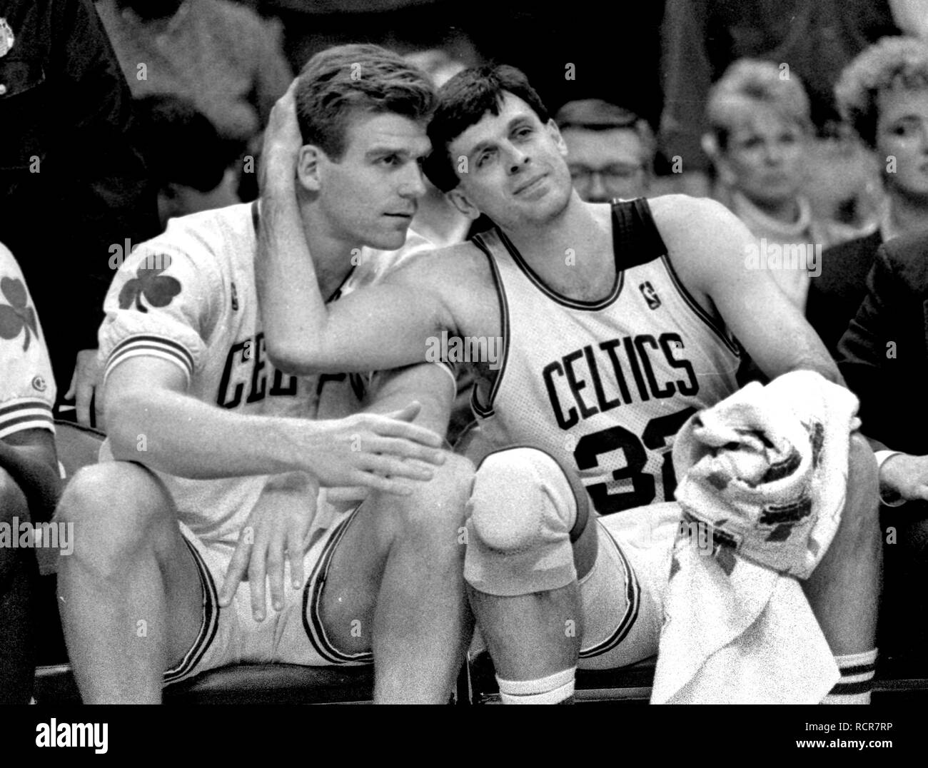 Boston Celtics  Joe Klien  left) and Kevin McHale reflect on there years as teamates at McHale's last night as a Boston Celtic,  at the Fleet Center Boston Ma USA photo by bill belknap Stock Photo