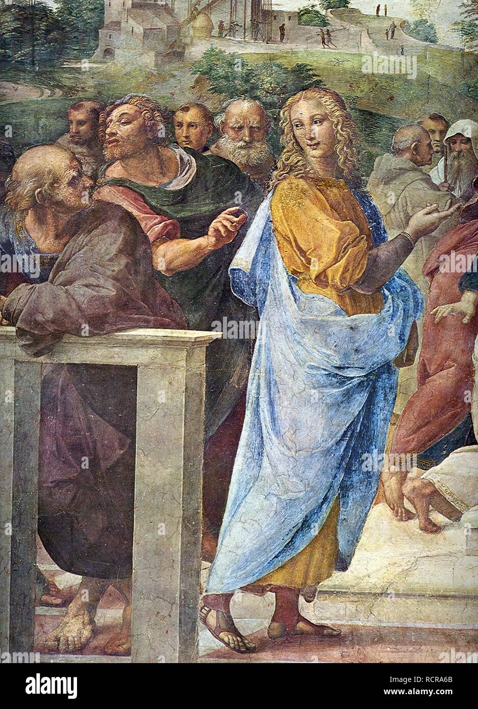 Disputa. Detail: Architect Bramante and Francesco Maria Della Rovere (right). Museum: Apostolic Palace, Vatican. Author: Raphael (Raffaello Sanzio da Urbino). Stock Photo