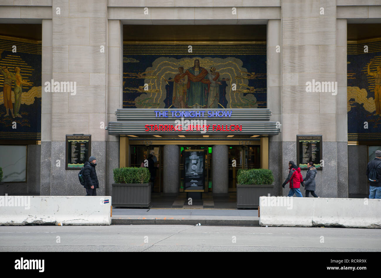 General View GV of The Tonight Show starring Jimmy Fallon studio entrance, Rockefeller Center, New York City, NY, USA. Stock Photo