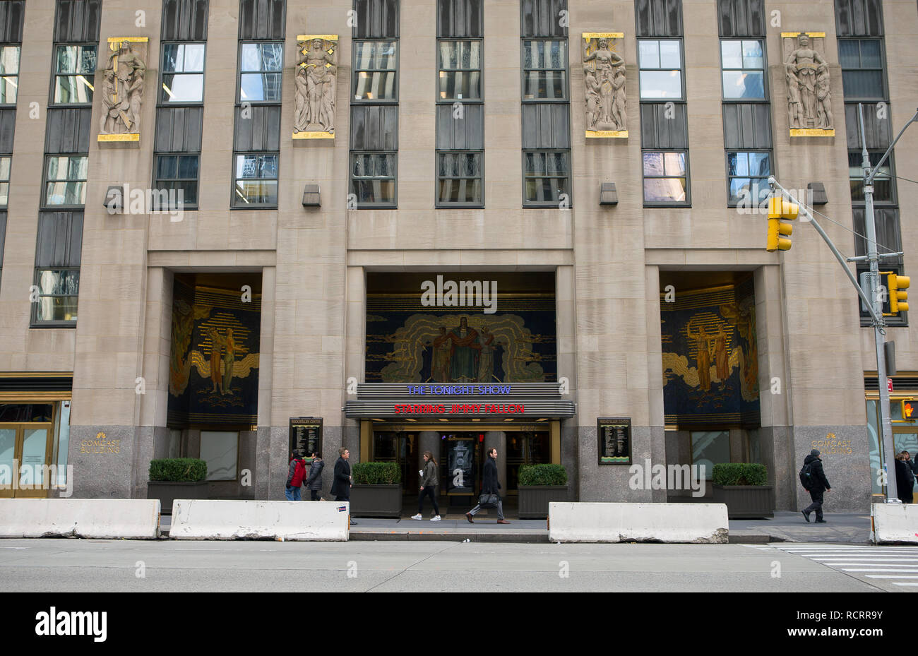 General View GV of The Tonight Show starring Jimmy Fallon studio entrance, Rockefeller Center, New York City, NY, USA. Stock Photo