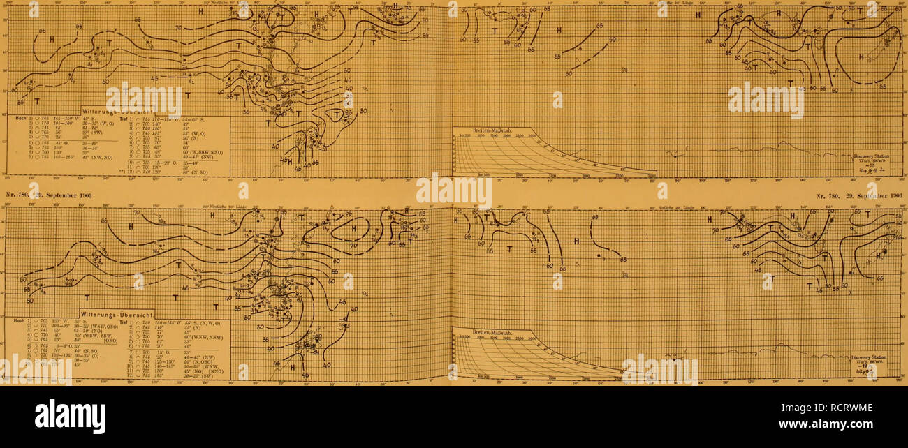 . Deutsche SÃ¼dpolar-Expedition, 1901-1903, im Auftrage des Reichsamtes des Innern. Gauss (Ship); Scientific expeditions. Nr. 779. 28. Seiitemlier 1903 Nr. 770. 2S. Septemlier HK)3. Hoch 1) ^ / 76.1 1:Â»= V. aS' 4) O 770 40Â° ;^5Â° iWSW. SSW 5) w 7Ã6 20Â° 3(P 7) U 7G0 15' 0. 3T 8) '-% 7SS 25* Â«âÂ«â¢ (KW) 9) o 7Â« lÃ¤S-l.lO* 50* (X. 080) 10) rs 715 140-145' 50Si' (WKW. 11) ri 755 I.Vf 45' (NO) [NNO) 1-M ^ ^55 lÃ¶Ã¤^ JOâ33' (SW) 6) :&gt; 766 0- -Â«â¢0.36* 7) C5 reo Hf rffÂ»* (Â» SO) Jt'jS ;tf)- -SV lO) yi ^ 76.1 UV :in- -â¢iÃ¼' m C TCS Vi)- 45&quot; â¢) 27. Septembor: TIel 18) r 7i5 175-180' Stock Photo