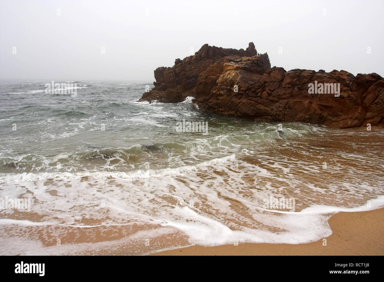 Composition with rock and sea in an early foggy morning Stock Photo