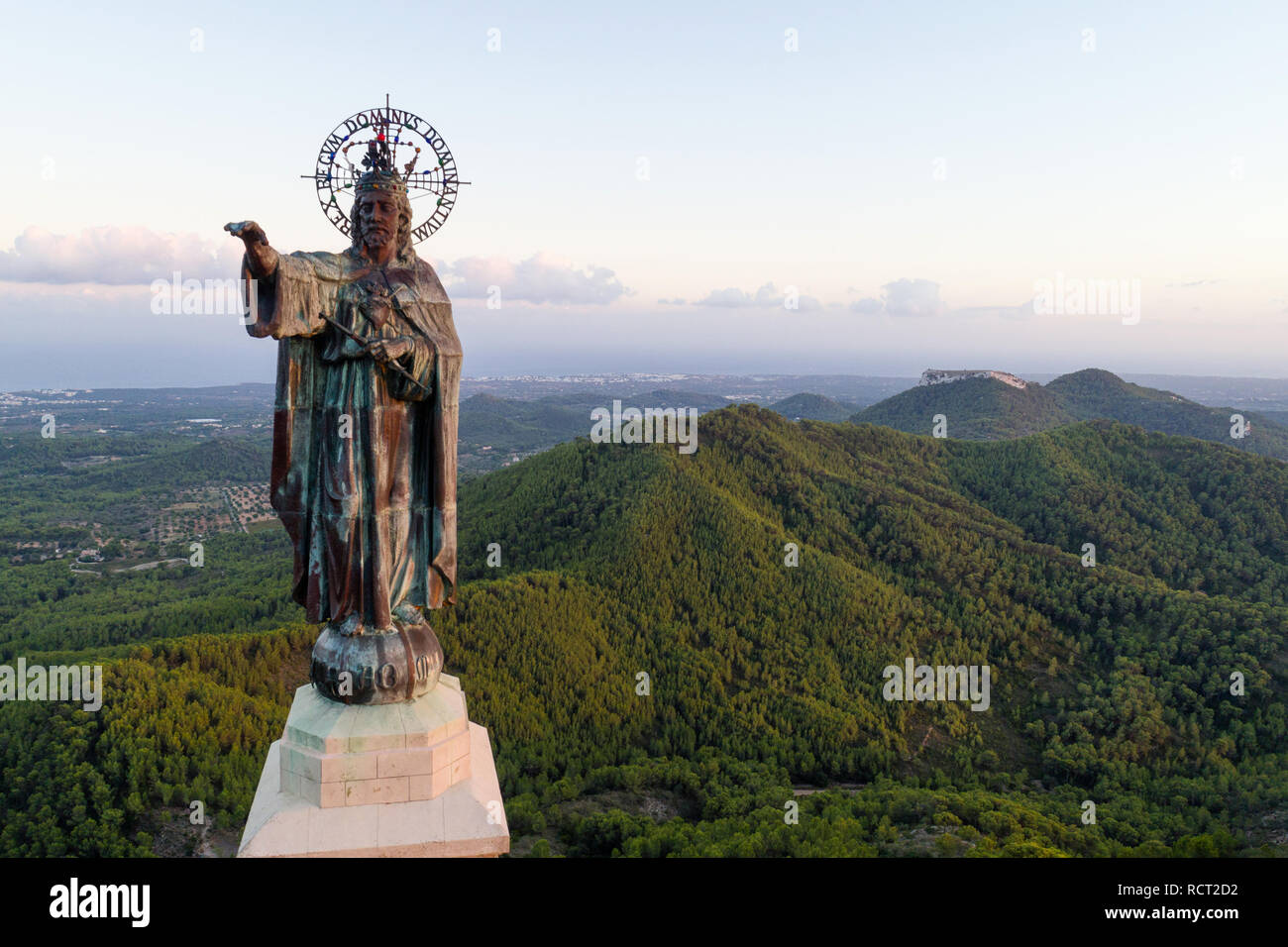 Aerial view of Jesus Christ statue at Sant Salvador Sanctuary, Mallorca island, Spain Stock
